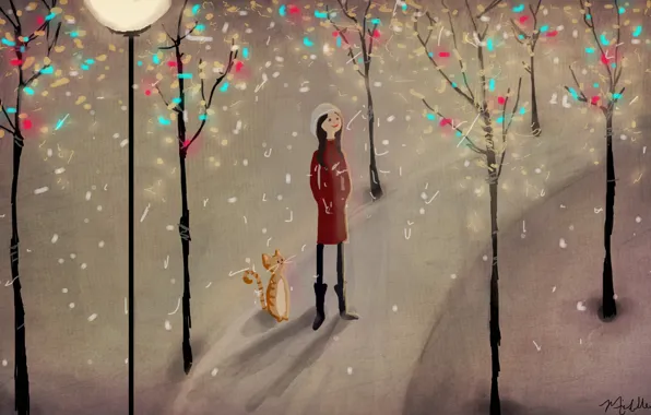 Winter, cat, snow, trees, Park, figure, girl, lantern