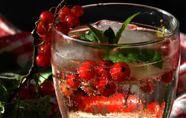 Picture glass, bubbles, glass, berries, the dark background, sprig, glass, ice