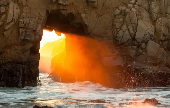 Picture waves, light, USA, rock, sunshine, sea, landscape, nature