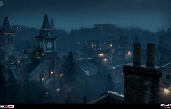 Night, the city, roof, lights, architecture, Uncharted 4, Orphanage part 1