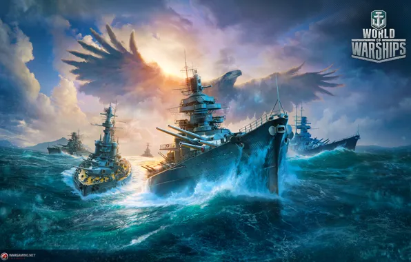 Picture war, ships, Bird, eagle, combat, Battleship, World of Warships, The World Of Ships
