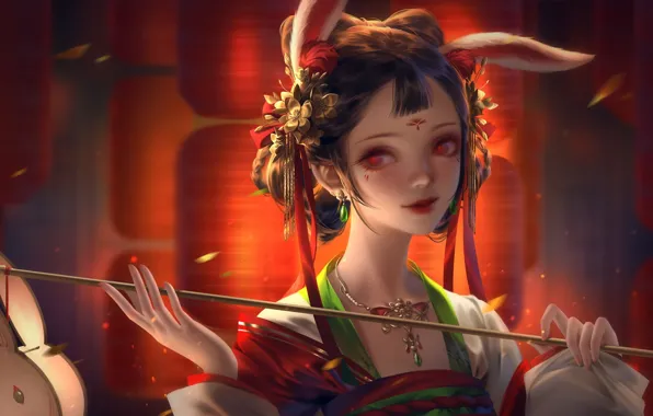 Girl, decoration, flowers, anime, lights, girl, kimono, red eyes