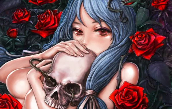 Girl, skull, roses, art, spikes, naked, pixiv, nose