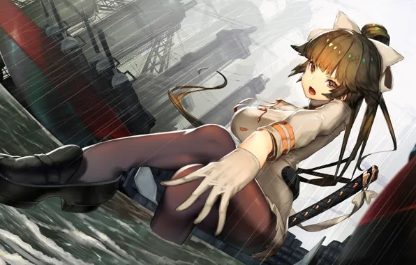 Girl, rain, art, azur lane