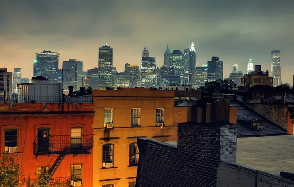 Picture night, lights, new York, night, New York City, usa, nyc, Brooklyn Heights
