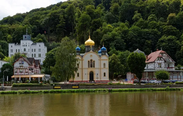 Picture trees, river, home, Germany, hill, Church, promenade, Bad Ems