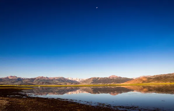 The sky, lake, reflection, hills, the moon, mirror