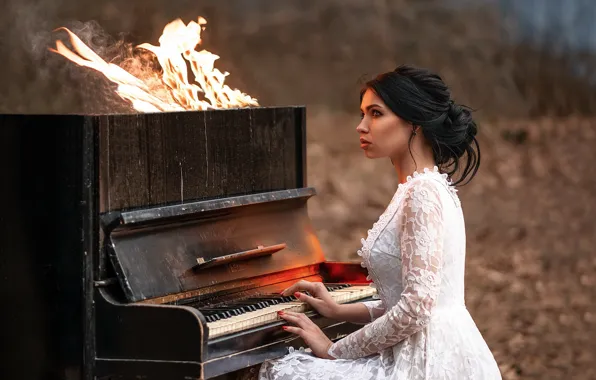 Picture girl, music, fire, piano