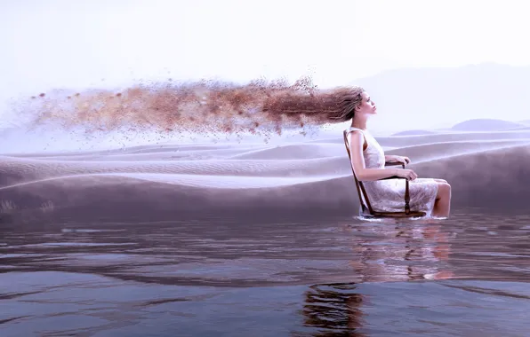 Water, girl, rendering, hair, chair, dress, profile, sitting