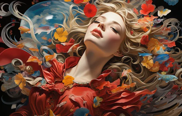 Girl, fish, flowers, hair, blonde, digital painting, digital art, AI art