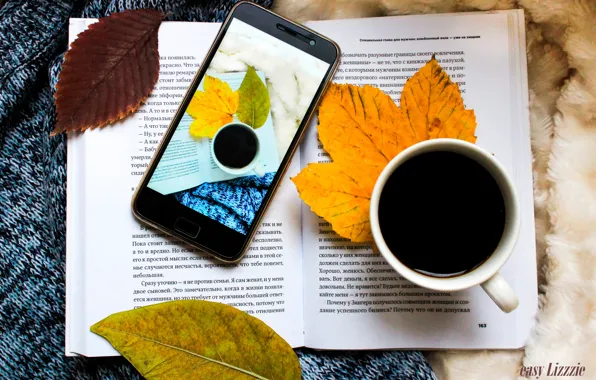 Autumn, leaves, coffee, book, phone, plaid, sweater, book