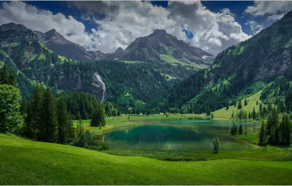 Mountains, lake, Switzerland, Lauenen