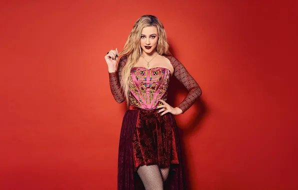 Picture look, girl, red, pose, photo, background, hair, makeup