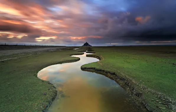 Sunset, nature, Mont Saint Michel