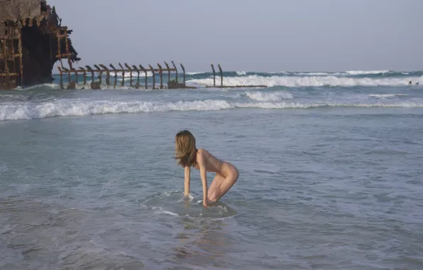 Waves, wet, ocean, water, nude, brunette, erotic, naked