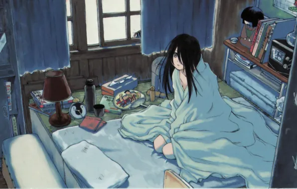 Room, watch, books, lamp, window, fan, girl, pillow