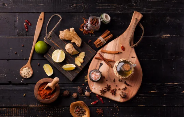 Bottle, dishes, lime, cinnamon, spices, ginger, cutting Board, a lot