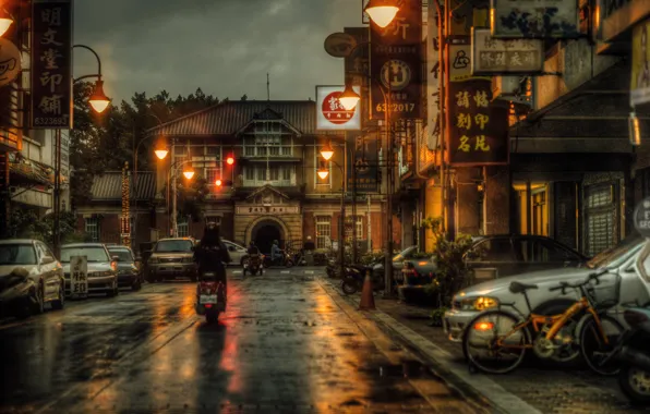 Night, bike, street, motorcycle, Taiwan, cars, stores, life