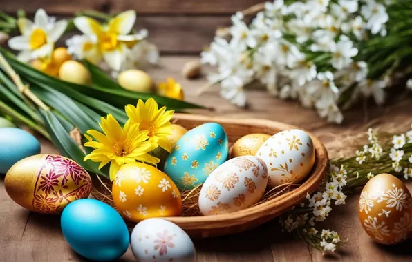 Picture flowers, eggs, spring, colorful, Easter, happy, flowers, spring