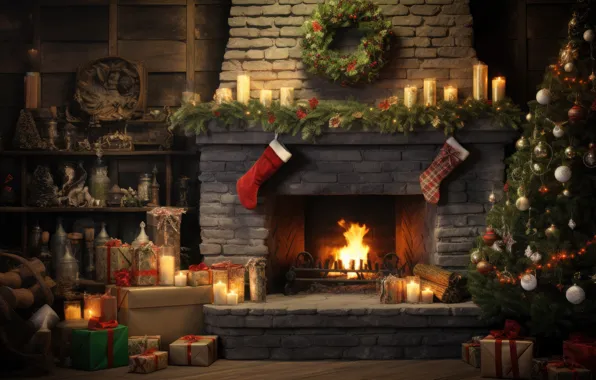 Decoration, house, room, balls, tree, interior, New Year, Christmas