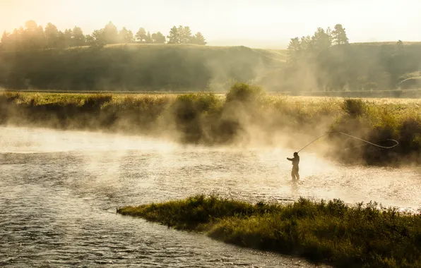 Landscape, nature, fog, river, fishing, morning