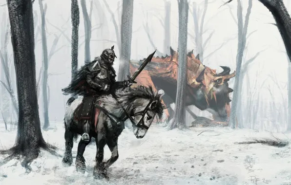 Picture forest, snow, dragon, sword, armor, hunting, Rider