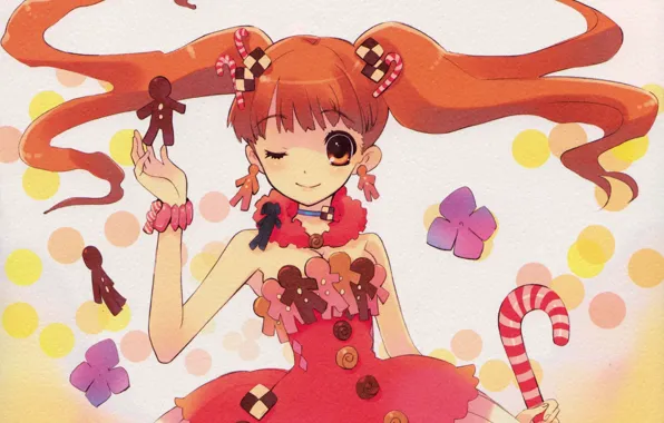 Girl, corset, staff, red, confetti, art, wink, cookies