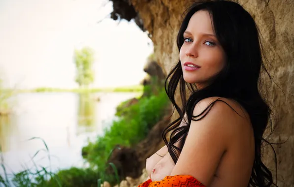 Girl, Chest, Look, Lips, Face, Eyes, Brunette, Erotic