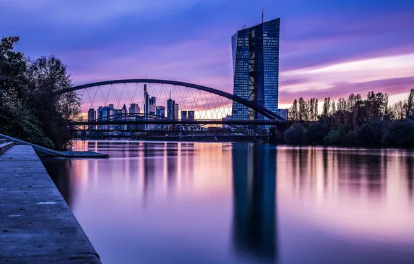 The sky, trees, sunset, bridge, the city, reflection, river, building
