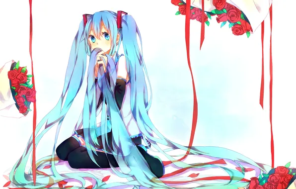 Picture girl, flowers, tape, roses, vocaloid, hatsune miku, sitting, bouquets