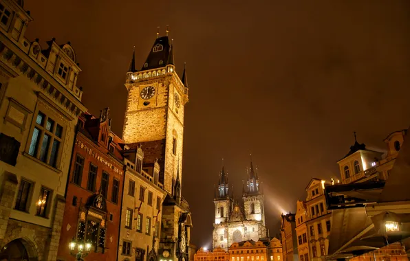 Picture the sky, night, lights, watch, tower, Prague, Czech Republic