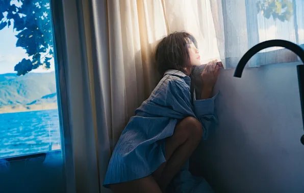 Beautiful, Asian, Model, Glass, Woman, Pretty, Window, Shirt
