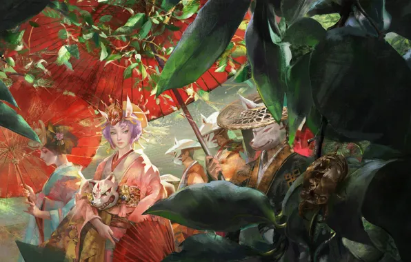 Crown, kimono, werewolf, red umbrella, the procession, green foliage, demon mask, nine-tailed Fox