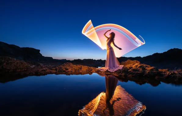 The sky, girl, light, landscape, night, nature, pose, lake