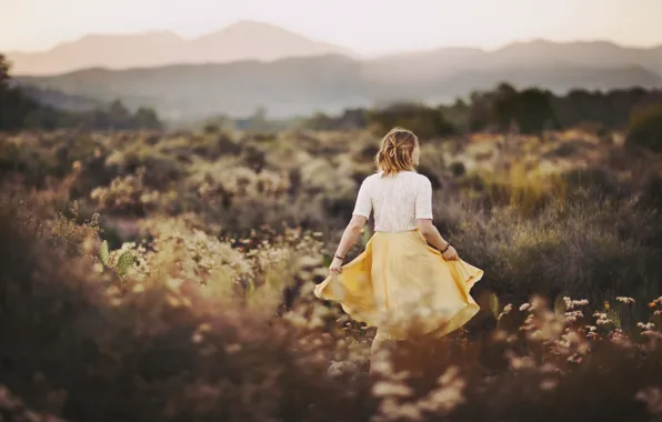 Field, grass, girl, back, skirt, blouse