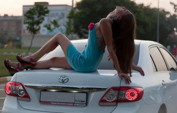 Picture girl, trees, Girls, dress, Toyota, white car