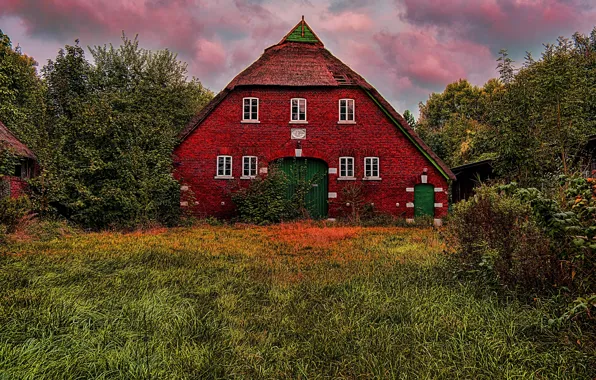 Greens, grass, clouds, trees, house, Germany, garden, hdr
