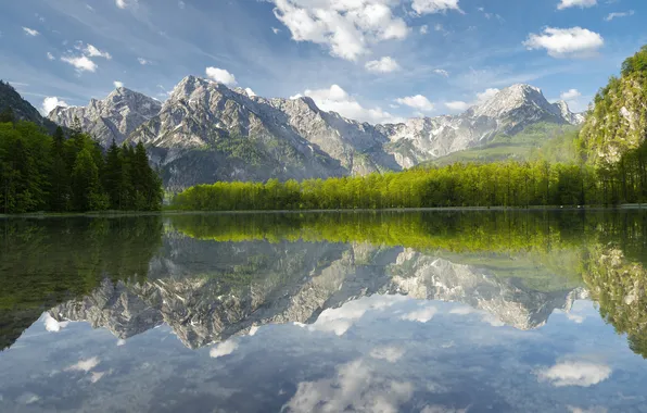Forest, the sky, clouds, mountains, lake, reflection, rocks, shore