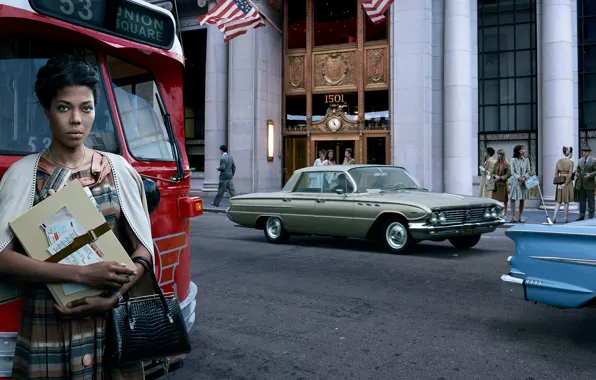 Auto, girl, the city, retro, street, Buick, Chevrolet Impala, Stories