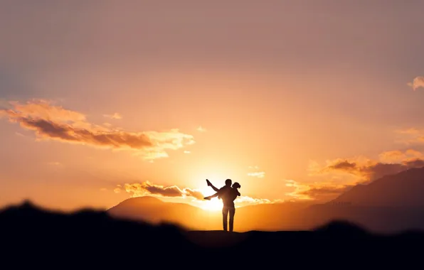 FEELINGS, PAIR, The SKY, CLOUDS, SUNSET, LOVE, SILHOUETTES, FIGURE
