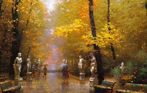 Autumn, Park, people, rain, track, umbrellas, benches, sculpture