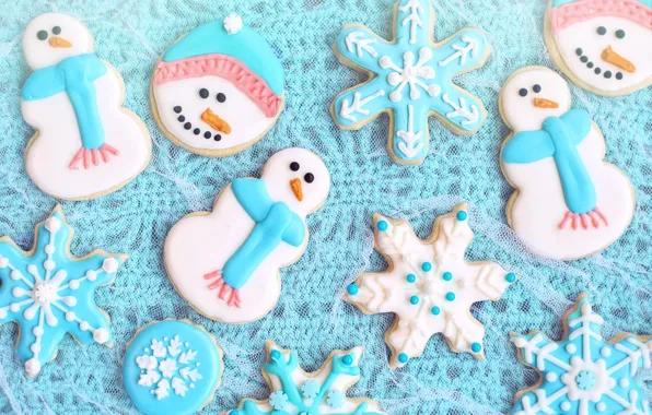 Snowflakes, cookies, blue, Christmas, New year, snowmen, snowman, faces