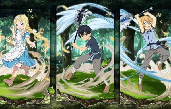 Forest, children, collage, characters, Sword art online, Sword Art Online