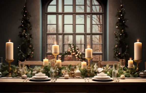 Branches, interior, candles, glasses, window, Christmas, arch, dishes