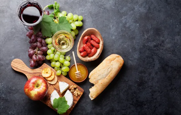 Wine, Apple, cheese, bread, grapes, sausage