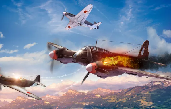 Picture the sky, clouds, the plane, war, fighter, the Yak-3, war thunder, The me-410