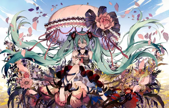 The sky, clouds, flowers, pattern, umbrella, petals, art, vocaloid
