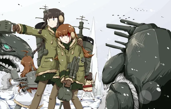 Winter, snow, weapons, girls, blood, anime, art, monsters