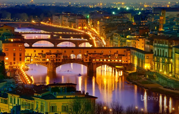 Night, bridge, lights, river, home, Italy, Florence, The Ponte Vecchio