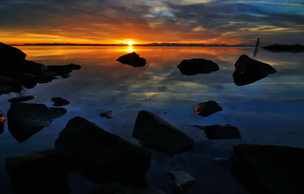 The sky, water, the sun, clouds, landscape, sunset, nature, surface